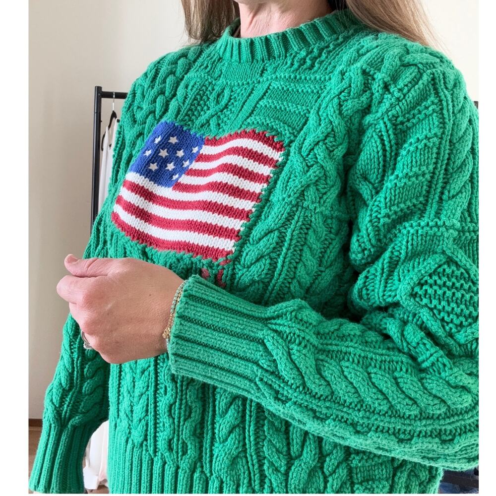 Polo Ralph Lauren Cable Knit American USA lag Sweater Flag jeans Small Green - Picture 2 of 8
